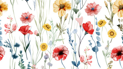 ilustracion estilo acuarelas sobre flores del campo fondo blanco