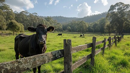 A wooden fence surrounding a lush green pasture with grazing cows.