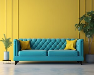 3d rendering of  a Blue couch in front of yellow wall with potted plants on the side.