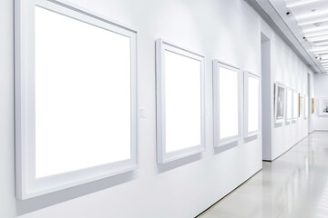 Inside a minimalist art gallery, a series of empty frames hang in pristine white walls, inviting visitors to contemplate the beauty of negative space.