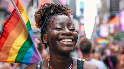 joyful black gay woman celebrating at new york pride parade wearing rainbow flag promoting...