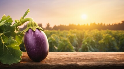 Fresh organic purple eggplant on wooden table with green field and sunset in the background.