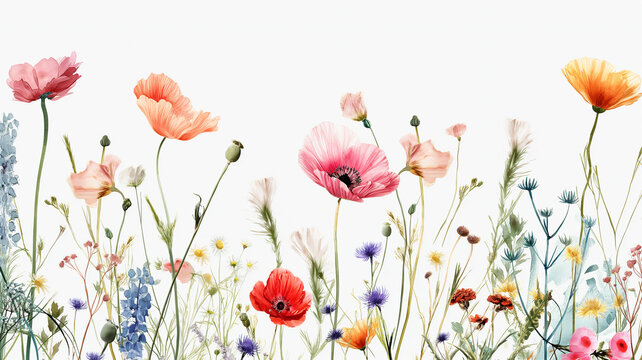 ilustracion estilo acuarelas sobre flores del campo fondo blanco