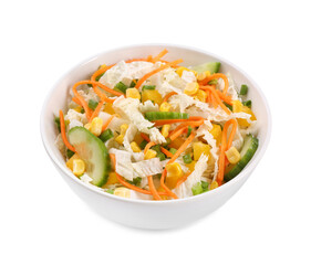 Tasty salad with Chinese cabbage, carrot, corn and cucumber in bowl isolated on white