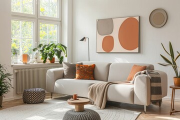 Modern scandinavian interior design of modern living room in soft peach and grey colors with sofa, 