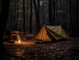 Camping Adventure Amidst Forest Trees. generative AI