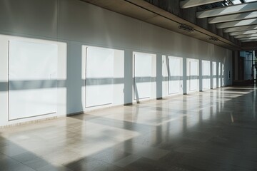 Picture the main exhibition hall with natural light filtering in, casting shadows on white empty posters, enhancing the room's tranquility.