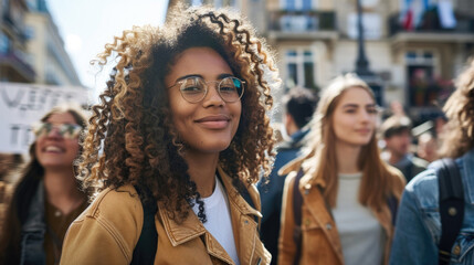 Fototapeta premium A gathering of young women standing closely together within a dense crowd, blending in with others in a busy urban setting