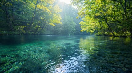 Obraz premium Nature's Beauty: A breathtaking landscape featuring a lush forest with a crystal-clear river flowing through it. The vibrant colors of the trees and the serene water create a sense of tranquility and 