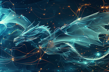 An abstract dragon with flowing forms, flying through a dark blue background with glowing neon lines and nodes that represent artificial intelligence.