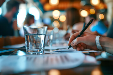 Naklejka premium Playing quiz at the restaurant with adult people 