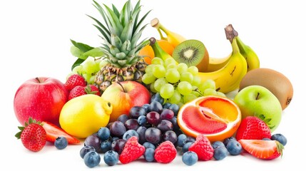 A variety of fruits, including apples, bananas, grapes, pineapple, kiwi, and strawberries