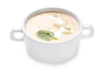 Healthy cream soup high in vegetable fats isolated on white