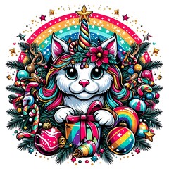 A cartoon of a cat unicorn with a rainbow and ornaments art harmony lively card design.