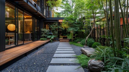 Contemporary garden featuring a minimalist stone pathway, sculptural elements, and bamboo