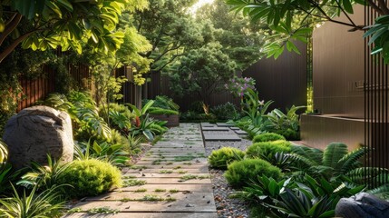Contemporary garden with a simple stone pathway, modern sculptures, and lush greenery