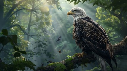 majestic eagle perched on a branch lush green forest backdrop below realistic nature illustration - Powered by Adobe