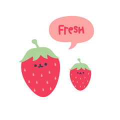 Vector cute cartoon red strawberry. Flat cartoon fruits characters. Fresh and sweaty fruits