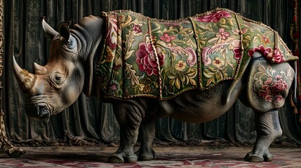 Baroque Floral Pattern Adorning Rhinoceros in a Daytime Photographic Masterpiece Generative ai