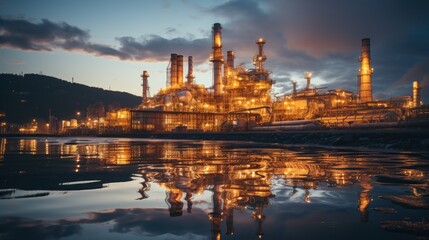 Glow of Petrochemical Industry at Sunset Reflecting in Water
