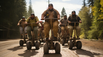 Group of Happy People Riding Outdoor Pogo Sticks on a Forest Trail