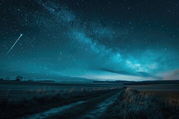 Starry sky over the countryside with a shooting star, fields and roads in springtime at night.