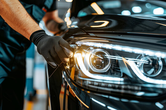Car service men. Replacing a burnt out lamp in the car headlight
