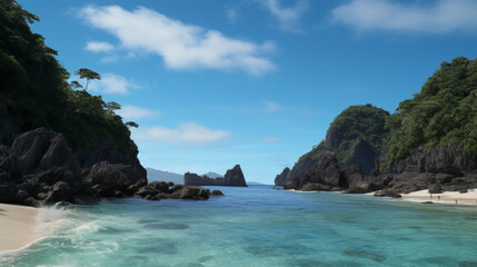 Fototapeta premium Strand mit Bergen links und rechts