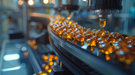 Fish oil gelatin capsules are manufactured for vitamins and medications. Supplements are produced using automated machinery or medical conveyor systems in a pharmaceutical manufacturing facility
