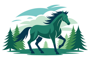 Drawing the silhouette of running horse with forest vector background