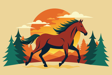 Drawing the silhouette of running horse with forest vector background