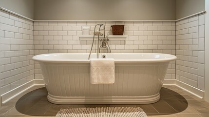 Detailed view of a chic bathroom with a freestanding tub, subway tiles, and contemporary fixtures