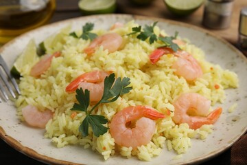 Delicious risotto with shrimps and parsley on table, closeup