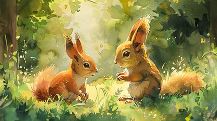 watercolor illustration of squirrel mouther and squirrel baby in the forest