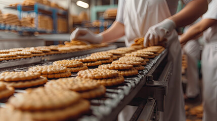 employees organize cookies on a conveyor belt within a food production facility