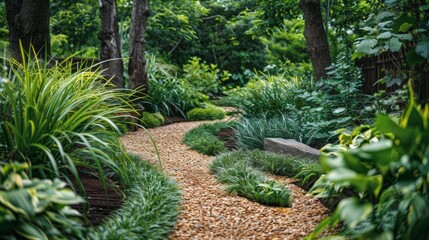 Obraz premium Detailed view of a forest garden with a natural pathway, tall grasses, and dense foliage