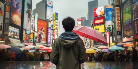 Obraz premium In front of a hectic city street, a man with a backpack stands