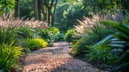 Detailed view of a forest garden with a natural pathway, tall grasses, and dense foliage