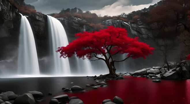 the red tree at the water fall
