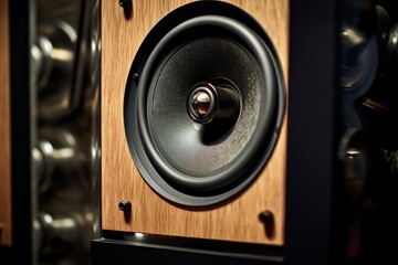 A detailed shot of a speaker, emphasizing its wooden frame
