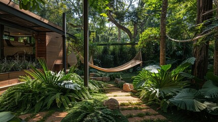 Detailed view of a forest-style garden with a hammock hanging between trees and a fern-filled understory