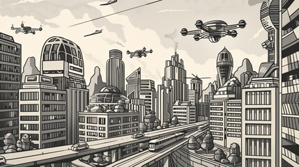 Fototapeta premium Futuristic City With Flying Cars, Skyscrapers, Drones And Modern Highways In A Sci-Fi Urban Metropolis