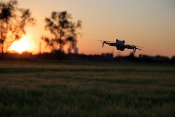 Dron w powietrzu nad polami, w tle zachód słońca.