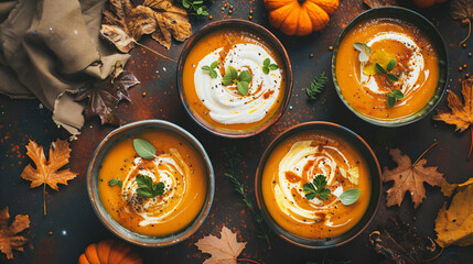 Four of tasty pumpkin cream soups in bowls top view - Powered by Adobe