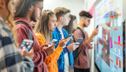 a detailed image of students participating in a live poll displayed on a smart board, using their smartphones to submit answers, Students, smart classrooms, technology, with copy s