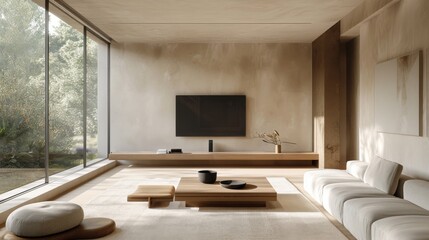 Fototapeta premium Detailed view of a minimalist living room with a floating TV unit, sleek furniture, and neutral tones