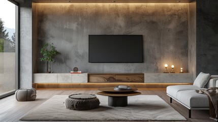 Detailed view of a minimalist living room with a floating TV unit, sleek furniture, and neutral tones