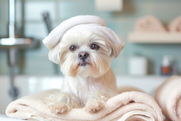 Small white dog sitting in a bath tub