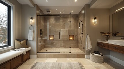 Detailed view of a modern bathroom with a large walk-in shower, elegant tiles, and a built-in bench