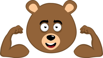 vector illustration face brown grizzly bear cartoon showing the biceps of his arms with a happy expression